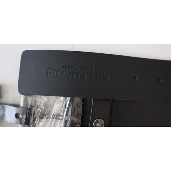 True Religion TR302059 Mens Sz 38 Black Terry Rivet Leather Belt w/Roller Buckle - Picture 8 of 9